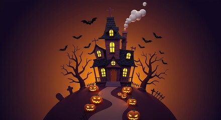 Spooky haunted house with glowing pumpkins, bats, ghosts, and eerie Halloween night background