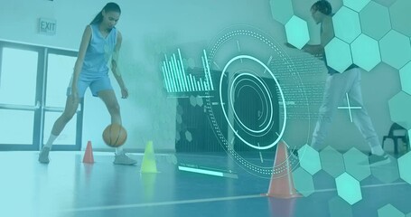 Dribbling basketball around cones, hex mesh and HUD fading in while coach guiding athlete movement - Powered by Adobe