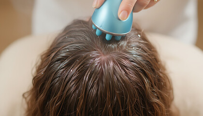 Naklejka premium scalp hair hair gently chestnut is the massaged by gray strands woman's holding a with massager the massage blue serum hand a and soothes strengthens with follicles 85128030 1