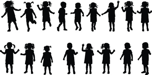 Silhouette of children playing, kids dancing, jumping, fun activity, childhood happiness, group of boys and girls, black isolated illustration