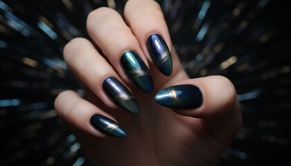 long nails out highlights manicure with with cat glossy in in polish dark eye stand tones a a black background metallic shiny against 26924509 1