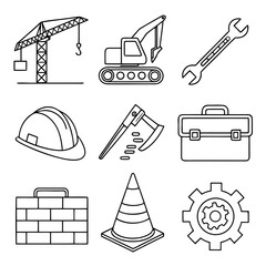 &ldquo;Minimal outline construction icons &mdash; crane, excavator, hard hat, hammer, wrench, toolbox, blueprint, bricks, safety cone, gear &mdash; thin stroke vector.&rdquo;