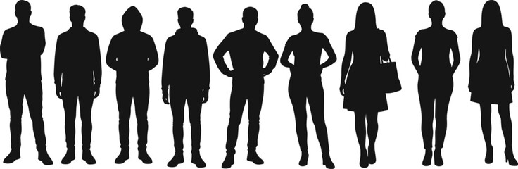 Silhouette of diverse people standing, men and women figures, modern fashion, lifestyle poses, urban style vector, black design illustration