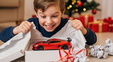 Excited boy opening gift box with toy car on Christmas morning