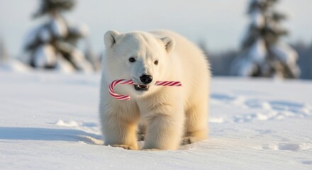 Cute Baby Polar Bear Holding a Candy Cane in Its Mouth in a Snowy Winter Landscape