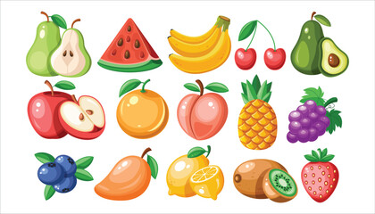 Set of details colorful fruits. Tropical juicy fruits collection. Watermelon, banana, avocado, apple, orange, lemon, strawberry, cherry.
