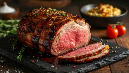 Roasted Prime Cut Slices on Dark Stone Platter
