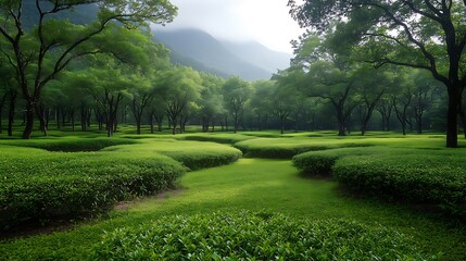 Lush Green Landscape (Well-Maintained Park/Garden) with Trimmed Hedges, Winding Grass Path & Misty Mountains