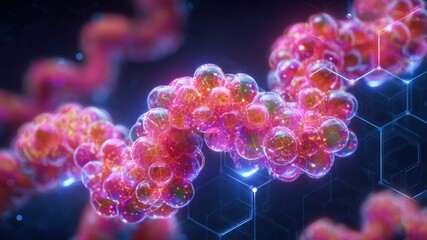 Colorful molecular structure, glowing pink and orange spheres, scientific background, digital illustration, futuristic, vibrant, abstract