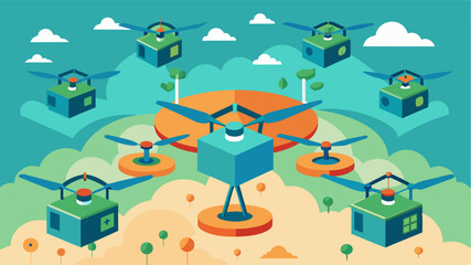 Naklejka premium A smart agriculture drone swarm collaborating and communicating to cover large areas efficiently for data collection and analysis.. Vector illustration