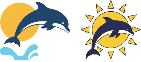 Dolphin Illustration with Sun and Ocean Wave