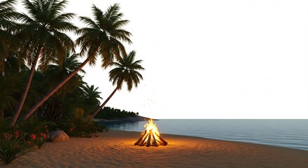 Fiamme danzano sulla spiaggia tropicale al tramonto luce calda avvolgente palme onde tranquille. AI Generated