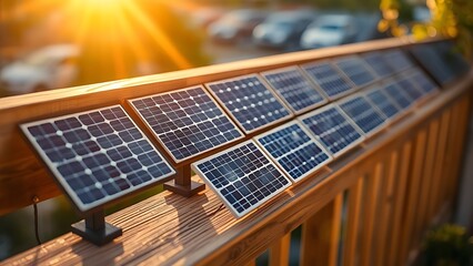 Miniature solar panels arranged like a mosaic on a wooden railing, glowing with golden sunlight, symbolizing renewable energy.