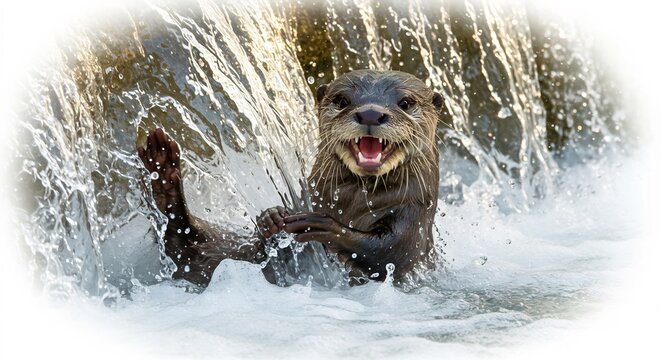 Lontra giocosa sprizza acqua soleggiata giocando vivacemente. AI Generated