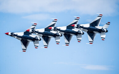 Air show planes flying in formation in blue sky