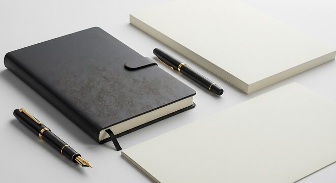 Elegante taccuino nero riposa dolcemente su sfondo bianco luce morbida. AI Generated