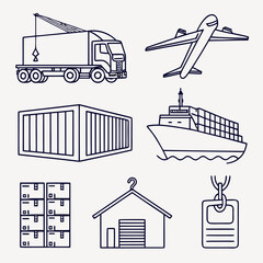 &ldquo;Minimal transport icons &mdash; truck, cargo ship, airplane, train, warehouse, pallet, barcode, delivery van, crane hook, global trade &mdash; outline vector.&rdquo;