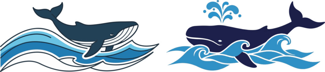 Whale Illustration Set with Ocean Waves