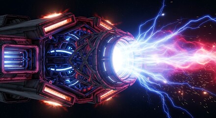 Intense energy erupts from a futuristic, complex machine in a vibrant display of cosmic power.