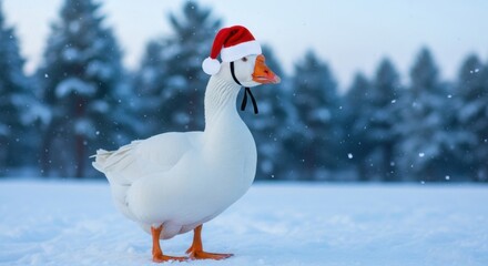 White goose wearing a red Santa hat standing in fresh snow with a beautiful blurred winter forest background.