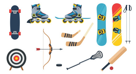 A diverse collection of sports equipment, including skateboards, rollerblades, snowboards, archery gear, hockey sticks, lacrosse, and cricket items.