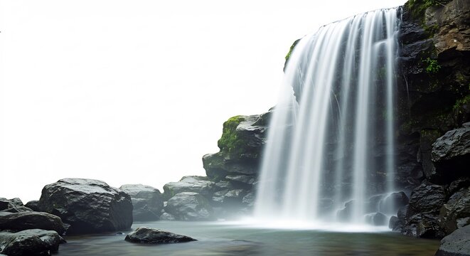 Cascata selvaggia luce soffusa rocce scure acqua cristallina. AI Generated