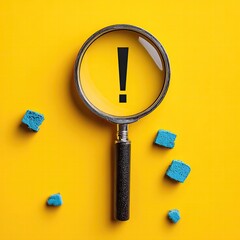 Magnifying glass with exclamation mark, surrounded by small blue squares on yellow background