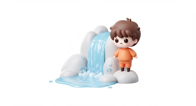 Bambino osserva cascata stilizzata luce morbida scena tenera. AI Generated
