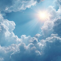 Radiant sun piercing through fluffy clouds