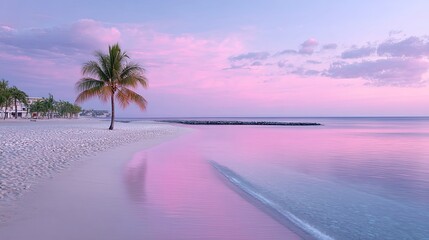Tropical Beach with Palm Tree at Sunset with Pink Sky and Calm Water Reflecting Light on Sandy Shoreline in Serene Coastal Landscape