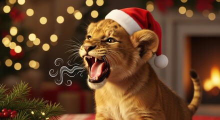 Roaring lion cub wearing a Santa hat, with festive bokeh lights and a Christmas tree in the background.