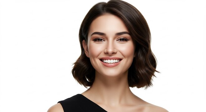 Donna sorridente luce morbida capelli corti taglio elegante sfondo bianco. AI Generated