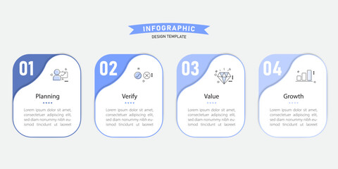 nfographic business template with 4 steps, planning verify value growth, workflow chart, process diagram, modern flat vector design illustration.