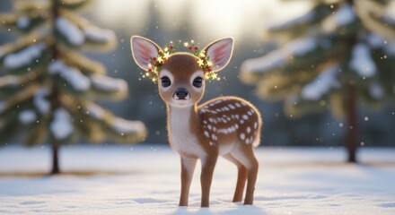 Adorable fawn wearing a magical Christmas wreath on its head, standing in a dreamy snowy winter forest at sunset.