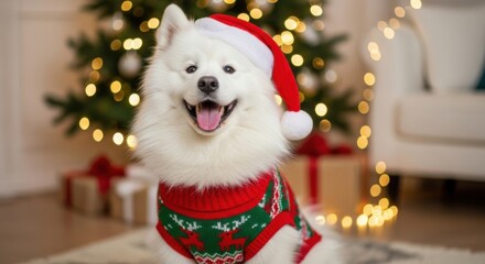 Happy Samoyed dog wearing a Santa hat and a festive Christmas sweater, sitting proudly in a decorated living room.