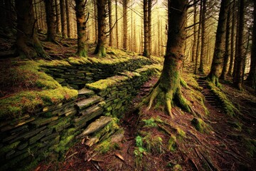 Obraz premium Ancient stone walls, mossy forest path