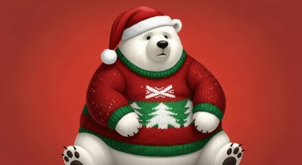 Chubby cartoon polar bear wearing a Santa hat and a red Christmas sweater with a holiday tree pattern on a red background.