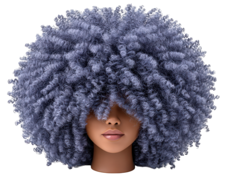 Blue afro wig fashion photorealism soft curly hair hairstyle beauty woman vibrant modern unique creative synthetic bold expressive stylish glamour texture voluminous trendy artistic feminine