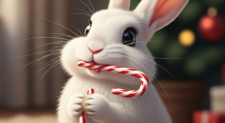 Adorable white rabbit with big eyes holding and eating a red and white striped candy cane during Christmas.