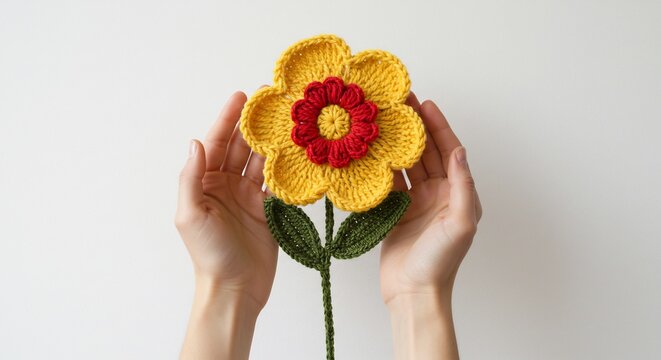 Fiore alluncinetto giallo soleggiato mani delicate mostrano dettagli artigianali. AI Generated