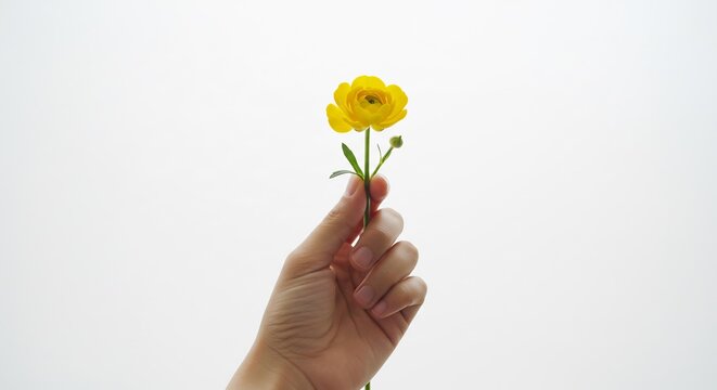 Mano delicata tiene fiore giallo luce morbida sfondo bianco. AI Generated