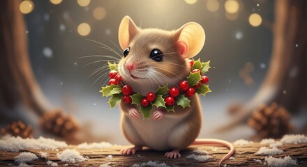 Charming mouse wearing a festive holly wreath around its neck, sitting in a snowy winter scene with bokeh lights.