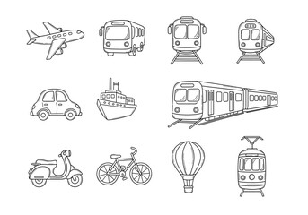Set of  transport icons in hand drawn doodle style. Vector illustration with airplane, bus, train, car, ship, subway, scooter, bicycle, hot air balloon, tram
