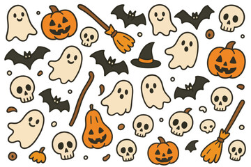 Halloween Pattern with Ghosts Bats Skulls Witches Brooms Pumpkins in Transparent Background