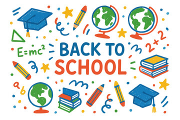 Colorful Back to School Illustration with Globes Pencils Books and Graduation Caps