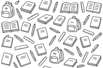 School Supplies Collection of Notebooks Pencils Rulers and Backpacks in Black and White Style