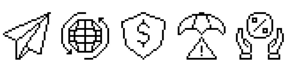 Set pixel finance icon vector for business, accounting, and monetary management. Useful for illustrating a collection of financial tools in a fun, retro, 8-bit aesthetic	
