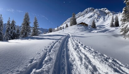 Sunlit snowy mountain scene;  a lone cabin nestled on a hillside, with ski tracks leading towards it through pristine snow, evergreen trees flanking the path