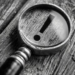 Close-up of magnifying glass with exclamation mark