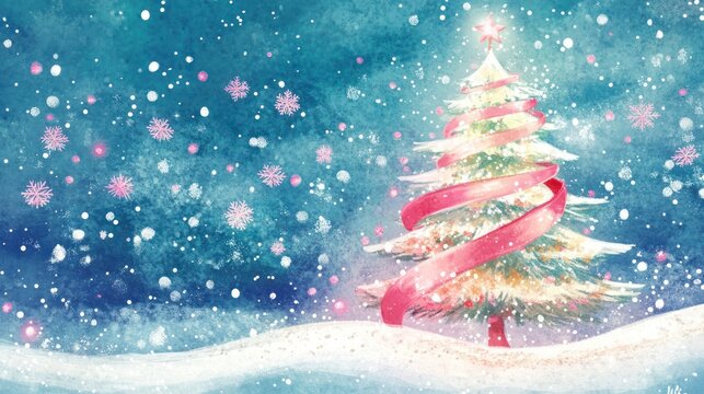 A Serene Winter Wonderland: Christmas Tree in Falling Snow - Powered by Adobe